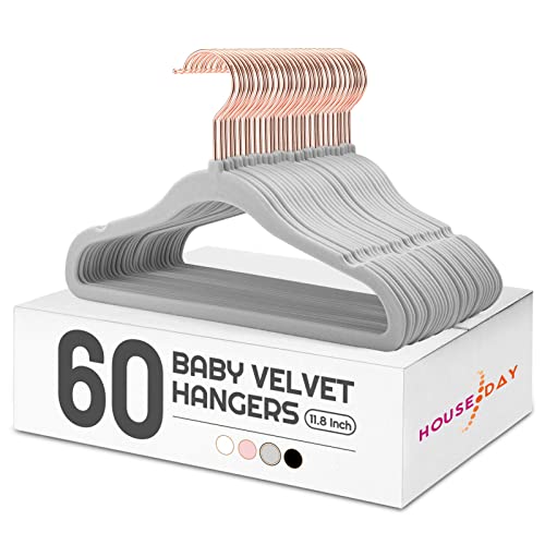 House Day Samt-Baby-Kleiderbügel für Schrank, Kinder-Kleiderbügel, Samt, 60 Stück, rutschfest, 30 cm, langlebig, Kinder-Kleiderbügel für Neugeborene, Babykleidung, Grau