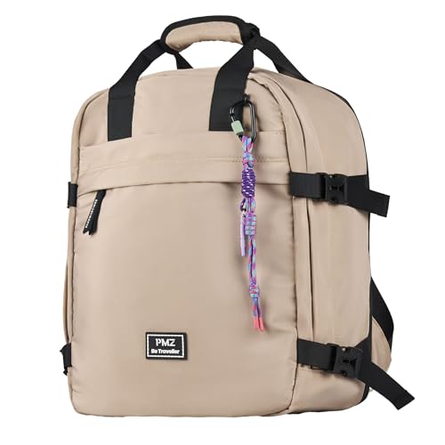 PACO MARTINEZ Mochila de Viaje Expandible 18-27 litros, Equipaje de Cabina con Compartimentos Amplios y Múltiples Bolsillos, Puerto USB, Espalda Acolchada y Transpirable, Color Beige