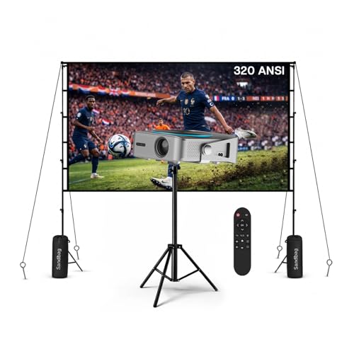 Vidéoprojecteur 1080P Full HD WiFi & Bluetooth avec Écran 100 Pouces et Support – Compatible 4K, 320 ANSI, Correction Keystone Automatique – pour HDMI, USB, iOS & Android – par MMOBIEL