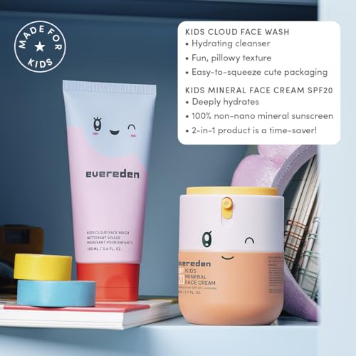 Evereden Kids Morning Skincare Set – Cloud Face Wash, SPF 20 Daily Face Cream, Hair Spray & Headband – 4-Piece Clean Routine, Vegan & Dermatologist-Tested