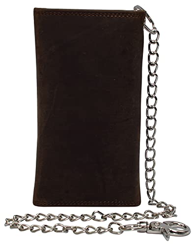 MARSHAL Men's RFID Signal Blocking Biker's Vintage Leather Long Tri-fold Silver Chain Checkbook Card ID Wallet (Brown)4