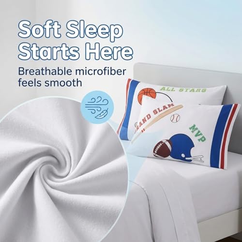 Image of Everyday Kids 2-Pack Standard Size Pillowcases fit Pillows 20 x 26 inch -100% Soft Breathable Microfiber - Perfect for Toddler Little Boy Twin /Full Size Bed - Sports
