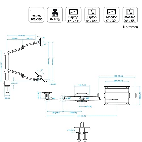 Support ordinateur portable 2 en 1 bras réglable hauteur pour bureau - 7