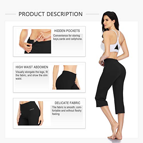 Hiskywin 18" Inseam Women Inner Pocket Yoga Capri 4 Way Stretch Tummy Control Workout Running Pants, Long Bootleg Flare Pants Hf2A Black-Xl #TOP4
