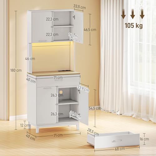 HOMCOM Alacena de Cocina con Luces LED y Estación de Carga, Control por APP, Mueble Auxiliar de Cocina con 4 Puertas, Cajón, Encimera Abierta para Microondas, Estantes Ajustables, 71x40x180 cm, Blanco - imagen 3