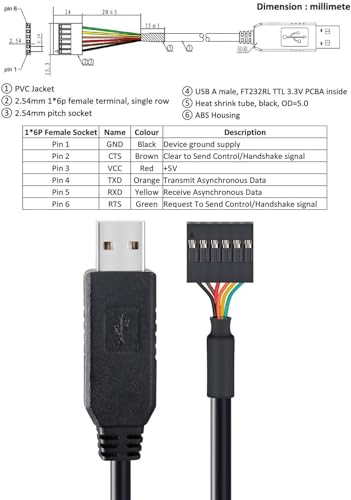 DTECH FTDI USB na TTL szeregowy kabel adaptera 3,3 V 6-biegunowy 0,1 cala