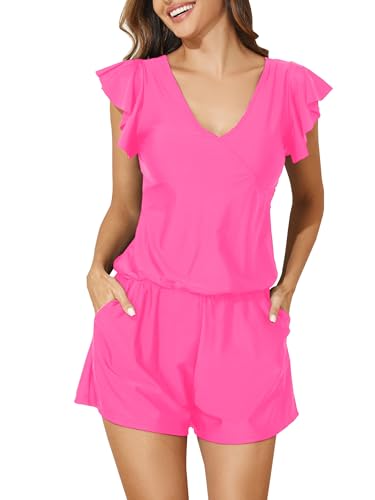 Image of Smismivo Swim Romper with Built in Bra and Pockets Swim Dress Modest One Piece Swimsuit Full Coverage Bathing Suit