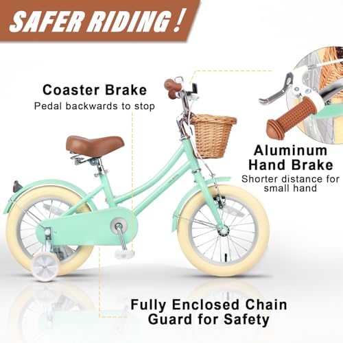 Image of Glerc Little Molly 12-20 Inch Kids Retro Cruiser Bike for 2-13 Year Old with Wicker Basket & Training Wheels /Kickstand, Multiple Colors