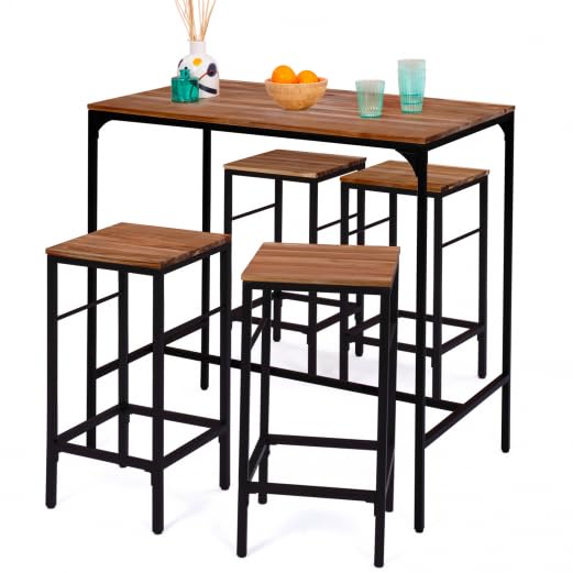 IDMarket – Salón de jardín Panamá Conjunto de bar de mesa alta y 4 taburetes de diseño industrial acacia