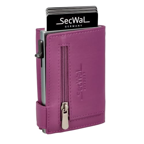 SecWal Kartenetui mit Münzfach Reißverschluss - Made in Germany - Echtleder Geldbörse inkl. E-Book für Damen und Herren - RFID Schutz Portemonnaie Leder - Geldbeutel klein (Pink)