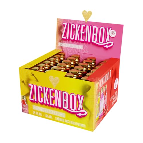 Boente Zicken-Box Likör Mix-Paket | Zickengold Party-Pack mit 24 x 20 ml Mini Pet Flaschen | Marken-Spirituose | je 8 Kurze in den Geschmacksrichtungen Granatapfel Kirsche & Maracuja