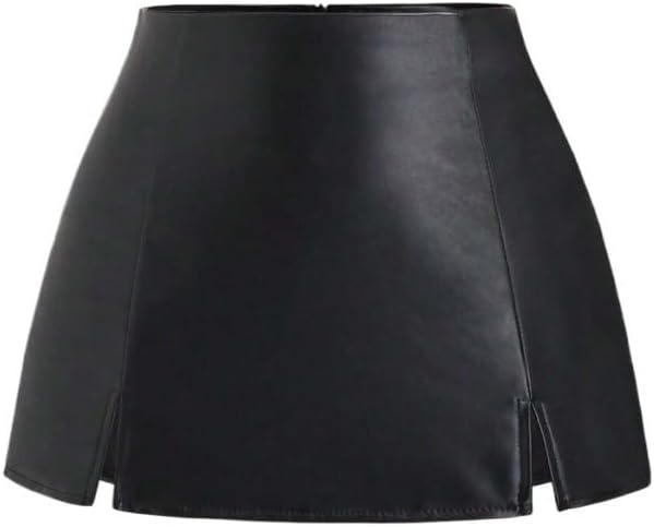 Womens Casual A Line PU Leather Slit Mini Skort Low Waist Skirt for Spring Summer