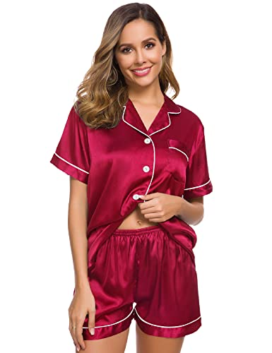 Image of SWOMOG Womens Silk Satin Pajamas Set Short Sleeve Sleepwear Button Down Top and Shorts Loungewear 2 Piece Pjs Set XS-3XL