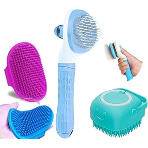 Style Keepers 3 Pcs Self Cleaning Slicker Shedding Brush Pet Bath Massage Brush With Soap & Shampoo Dispenser Soft Silicone Bristle For Long Short Haired Dogs Cats Shower Tick Remover Shower Bathing
