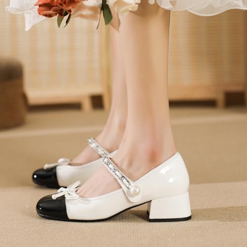 Women's Classic Patent Leather Chunky Heel Mary Janes Pumps Comfort Round Toe Fashion Ankle Strap Low Heel Bow Dress Pumps for Office Party Walking 7