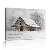 冬の納屋雪の風景キャンバスウォールアート 居心地の良いヴィンテージ田舎キャンバスプリント 寝室用ホームデコレーション ファームハウス壁画 ストレッチアートワーク インナーフレーム 60x72cm