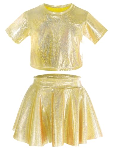 Image of Happy Cherry 2Pcs Kids Girls Shiny Metallic Short Sleeve Crop Top with Pleated Skirt Set Dancewear Performance Costumes