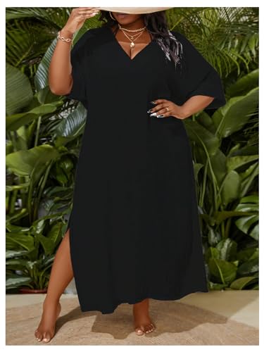 WDIRARA Women's Plus Size Swimwear V Neck Half Sleeve Split Side Cover Up Beach Dress3