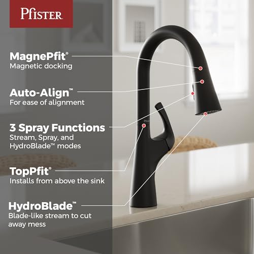 Pfister Talega Pull-Down Kitchen Faucet with Sprayer in Matte Black - Single Handle High Arc Spout with 3 Water Settings, 360° Swivel, and MagnePfit Magnetic Docking for Kitchen Sink by Pfister - Image 2