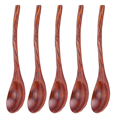 Topyond Set of 5 Wooden Ramen Soup Spoons,Japanese Style Long Handle Design for Household Tableware and Kitchen Eating Tools