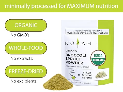 KOYAH - Organic USA Broccoli Sprout Powder (1 Scoop = 1/4 Cup Sprouts): 36 Servings, Freeze-Dried, Tested for Active Myrosinase and Glucoraphanin (Sulforaphane Glucosinolate)