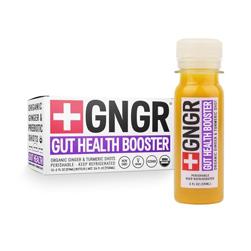 +GNGR Gut Health Shot 7g Fiber Prebiotic and Probiotic for Women & Men - Digestive & Immune Support Organic Ginger Shot with Apple Cider Vinegar Turmeric Aloe Vera 2 fl oz (12-Pack)