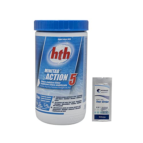 HTH MINITAB Action 5 Pastilles 20g - 1,2kg | Chlore Lent Stabilisé Multiaction - Désinfection Régulière Multifonction - Dissolution Lente + 10 Tests HPS...