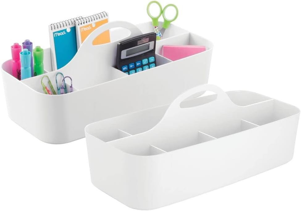 mDesign Large Office Storage Organizer Utility Tote Caddy Holder with Handle for Cabinets, Desks, Workspaces - Holds Desktop Office Supplies, Gel Pens, Pencils, Markers, Staplers - 2 Pack - White