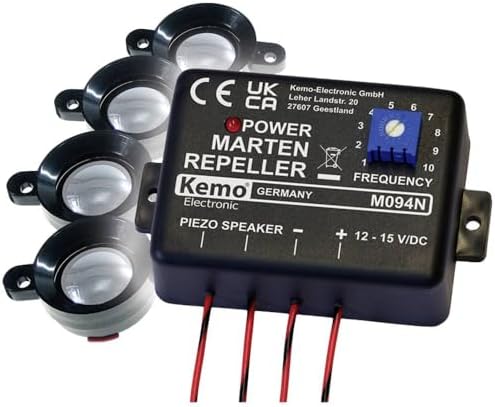 Kemo M094N Marten Stopper Scares with Strong, Pulsating Ultrasonic Sounds Martens and Other Rodents With 4 Speakers For Distribution From Engine Compartment Pantry Room Basement Attic