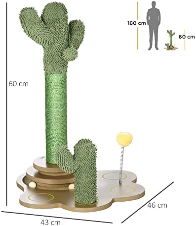 PawHut 60cm Cactus Cat Tree, Kitty Activity Centre Chenille Cat Tower w/ Interactive Toy Balls, Sisal Scratching Posts - Green