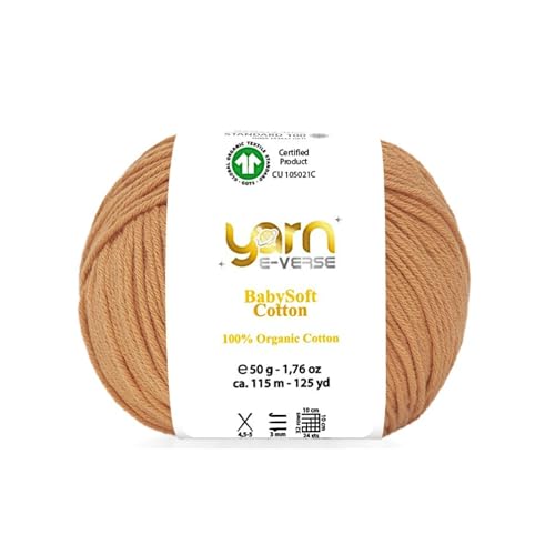 Babysoft Cotton Yarn, Yarn E-verse, 100% Organic Cotton, Soft & Hypoallergenic, Ideal for Baby Knitting, Crocheting, Amigurumi & DIY Projects, Organic Textile Certified, 50g (1, 138 Amber)