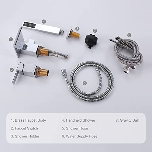 Taplong Modern Roman Tub Faucet With Hand Shower, Waterfall Deck Mount Bathtub Filler Faucet With Sprayer, Widespread 3 Holes Tub Shower Faucet Set In Polished Chrome, 02763Ch #TOP5