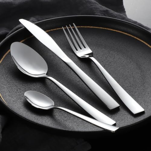Image of Clovis Stainless Steel Flatware Set 4 Pieces, Titanium Plated Mirror Finish, Cutlery Set for 1 with Knife Fork Spoon and Teaspoon, Silver