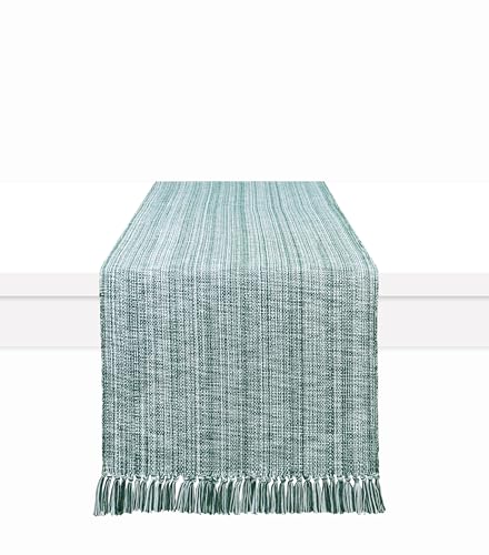PurpleEssences Chambray Table Runner with Fringes - 100% Cotton, 13x72 Inch - Rustic Farmhouse Table Décor, Reusable, Machine Washable for Dining Tables - Spring Easter Summer - Forest Green & H.White