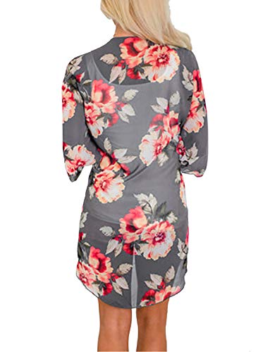 Women's Chiffon Kimono Cardigans Summer Floral Beach Boho Open Front Cover Ups Tops Casual Loose Wraps Gray S - Thumbnail 2