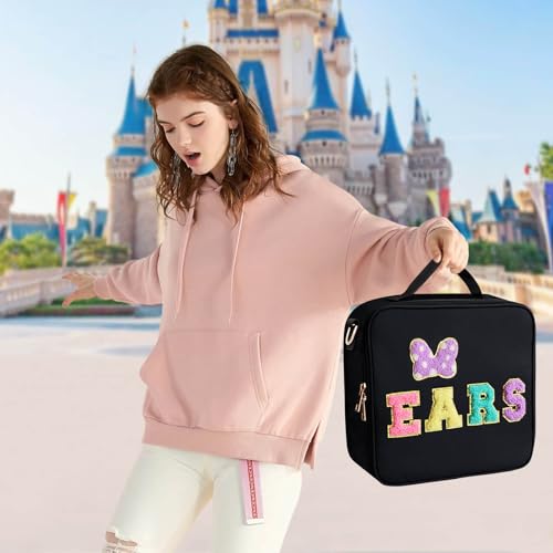 Chenille Letter Bow Mouse Ears Travel Case, Park Ears Headband Holder Hair Accessories Organizer Bag for Girls Women Kids Adults, Large Makeup Bag Snack Bags with Zipper for Travel Picnic - Black - Image 3