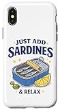 Illustration amusante de boîte de sardines avec des lignes épurées et une typographie de style rétro, parfaite pour les amateurs de fruits de mer, les fans de poissons, les amateurs de l'océan, le style de vie à la plage, les amateurs de cuisine, l'esthétique de garniture de citron d'olive, graphique accrocheur.