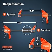 PRESCH Einhandzwingen 900mm 2 Stk. – Zwingen Set mit 150kg Spannkraft für schnelles Fixieren – Robuste Schnellspannzwingen dank Carbonstahl & glasfaserverstärktem Gehäuse – Zwingen mit Spreizfunktion – Ansicht 4