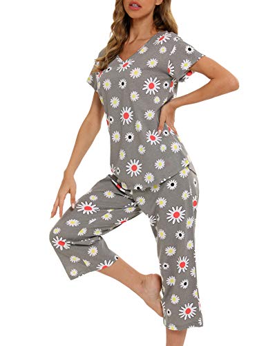 Enjoynight Women's Pajama Short Sleeve Sets Top With Capri Pants Sleepwear Sets Loungewear(Small,Flower) #TOP2