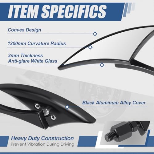Auto Dynasty Universal Side Mirrors Rear View Rotary Adjustment Handlebar Mount Compatible with Honda, Scooter, Suzuki, Yamaha, Kawasaki, Victory Harley Ducati and More (Spear Blade Style, Black) - Thumbnail 2