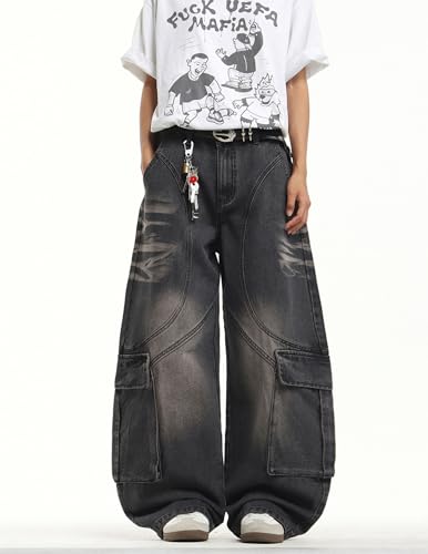 Men's Y2k Hip Hop Baggy Jeans Wide Leg Skater Pants Loose Fit Denim Pantalones Long Trousers Streetwear Rock Black — view 2