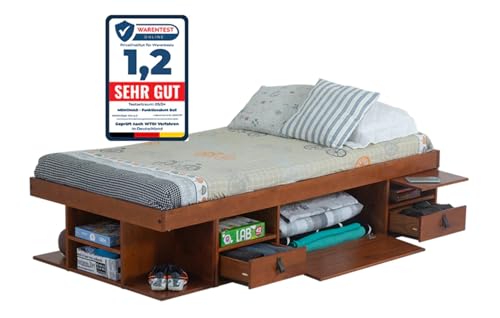 Lit Multifonction Bali 90x190cm Single Caramel - Beaucoup d’espace de rangement et tiroirs, idéal pour petites chambres - Lit avec rangement bois massif,...