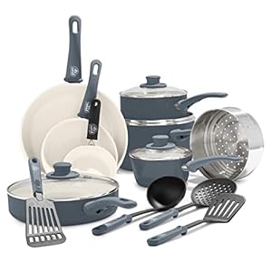 GreenLife Soft Grip Healthy Ceramic Nonstick 16 Piece Kitchen Cookware Pots and Frying Sauce Saute Pans Set, PFAS-Free with Kitchen Utensils and Lid, Dishwasher Safe, Gray
