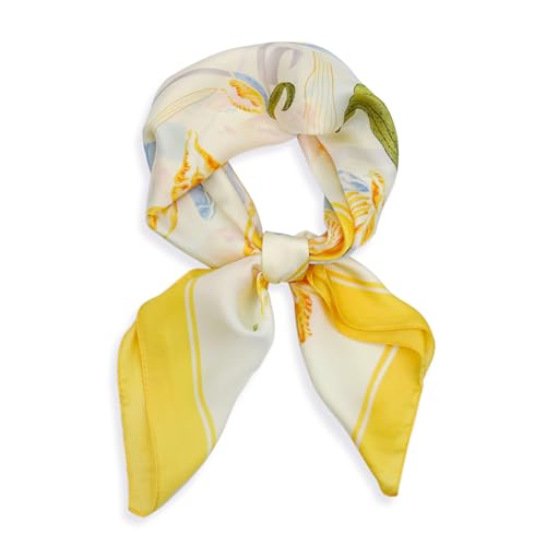 vimate Yellow Satin Scarf - 27×27'' Square Satin Head Scarf Silk Feeling Neck Scarf Floral Bandana for Women (Style 36)