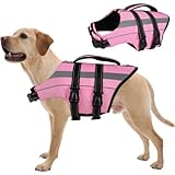FUAMEY Dog Life Jacket Reflective, Dogs Life Vest with D-Rings & Handle, Adjustable Dog Lifejacket, Dogs Life Preserver Swimming Boating, Pink, L
