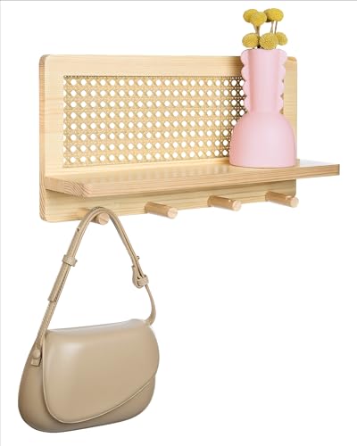 Percheros Pared   Perchero Pared Madera con Estante Recibidor   Pino Natural y Ratán, 40cm   4 Ganchos Resistentes | Estilo Cálido y Artesanal | Soporta 12 kg | Incluye Tornillos y Mini Destornillador
