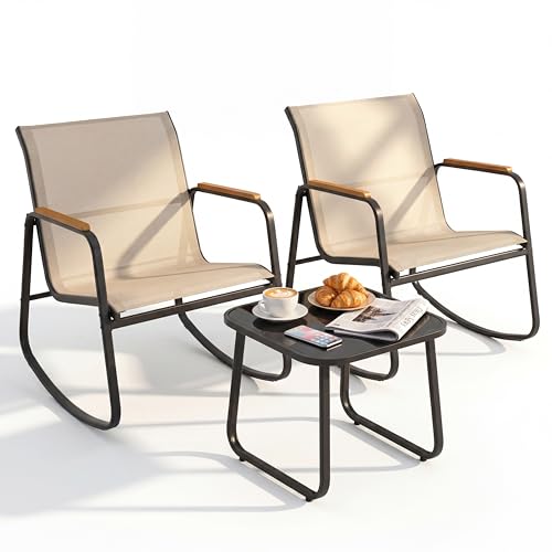DWVO Patio Rocking Bistro Set 3 Piece Durable Textilene Outdoor Furniture Set Wooden Armrest Rocker Chairs & Glass Table for Garden Balcony & Poolside Beige