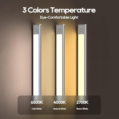2 Pack Under Cabinet Lighting, 3 Color Temperatures Motion Sensor Light Indoor, LED Rechargeable Cabinet Lights, Stick-On Magnetic Closet Light, Wireless Under Counter Lights for Kitchen, Stair