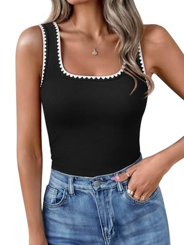 Yousify Square Neck Tank Tops for Women 2026 Summer Black Tank Top Woman Color Block Ribbed Sleeveless Shirts Tanks