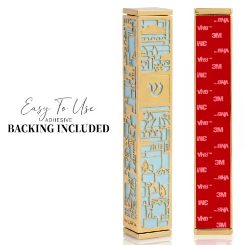 Image of SURI Mezuzah for Door with Scroll, 7 Inch Gold and Blue Mezuzah Case with Non Kosher Scroll Inside, Fits a up to 6 Inch Scroll, Includes Adhesive and Gift Box